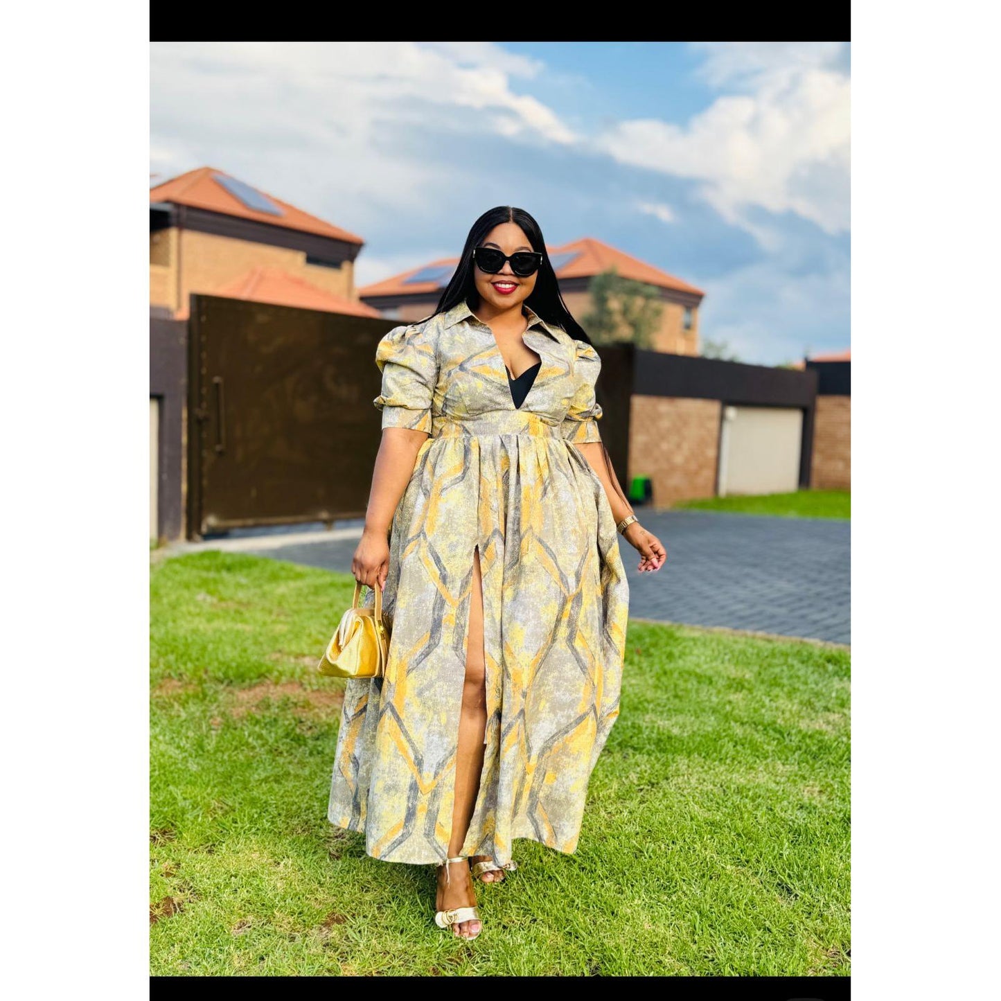 French Short Sleeve High Slit Maxi Dress