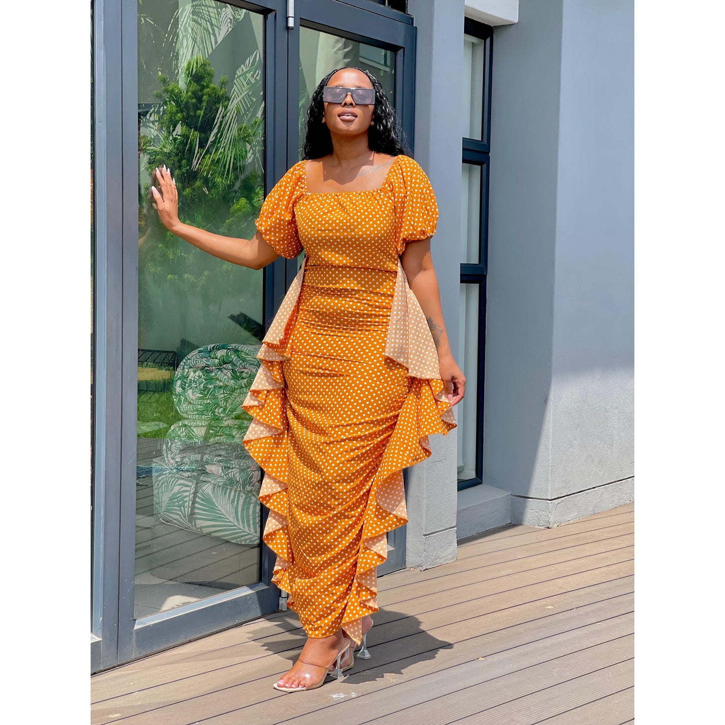 Sheer Mesh Off Shoulder Short Sleeve Ruffle Dress