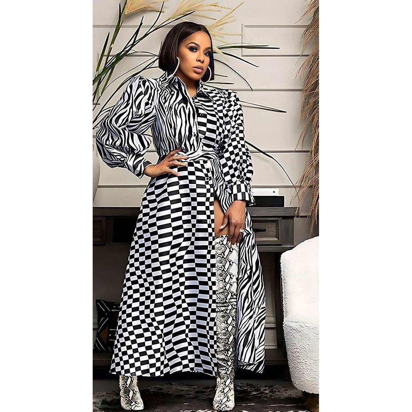 Vintage Geometric Slit Maxi Dress