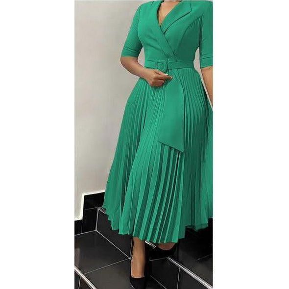 Short Sleeve Pleated V-Neck Dress
