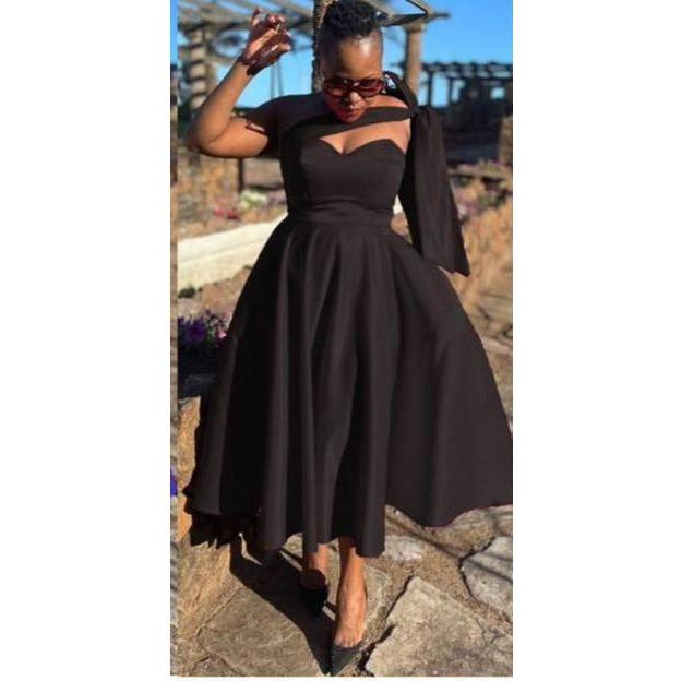 Tie Shoulder Pleated Midi Dress