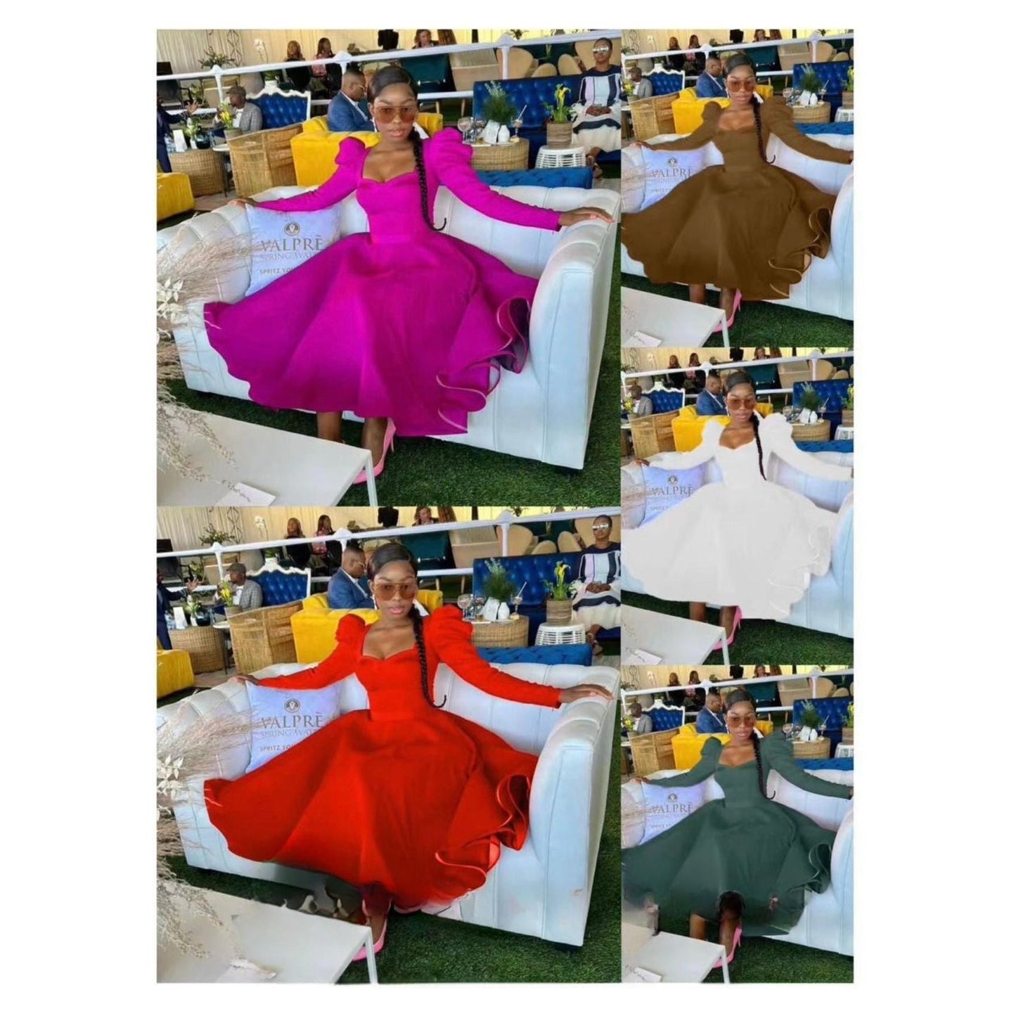 Puffy Shoulder Long Sleeve Midi Dress.