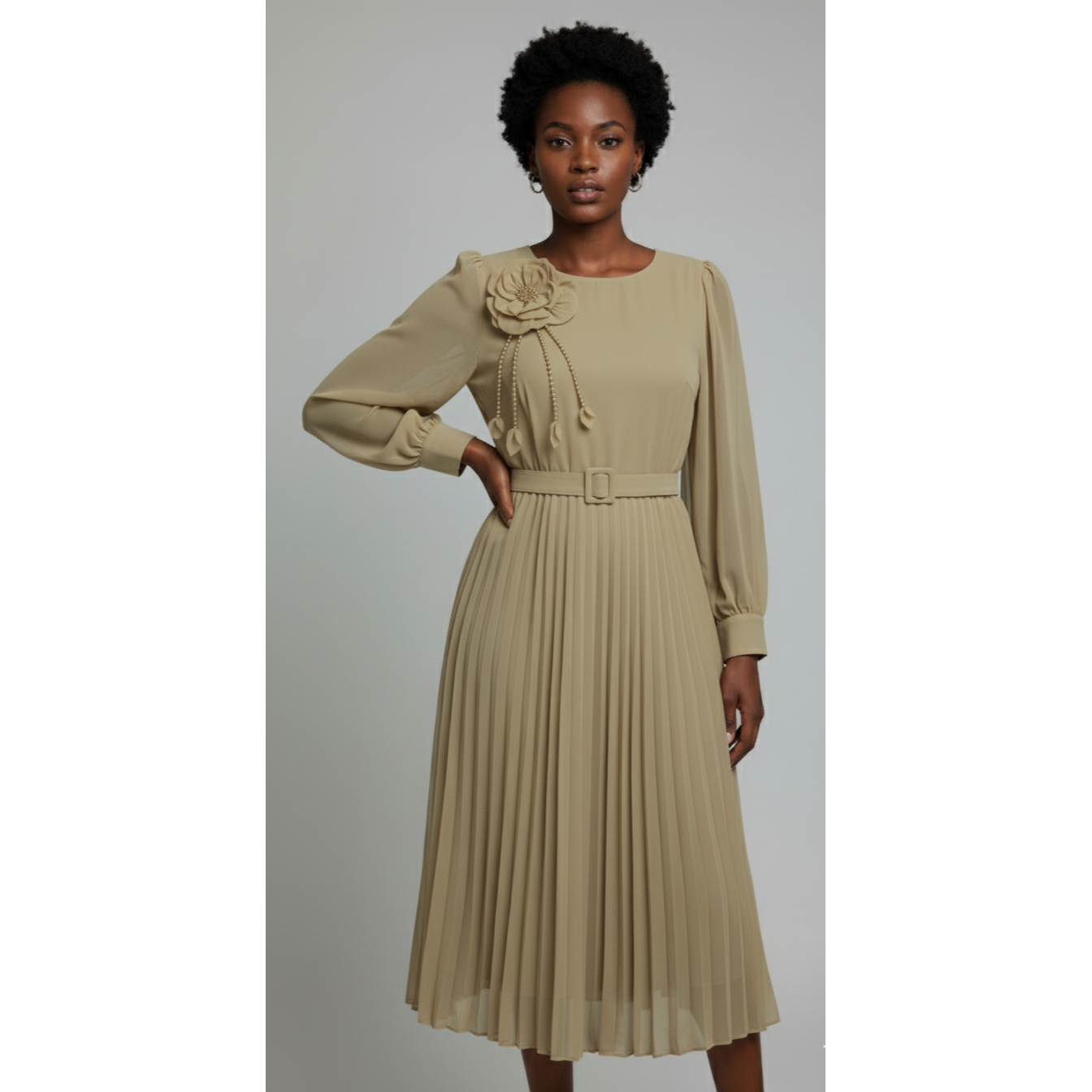 Chic Midi Dress with Pleated Skirt & Floral Detail