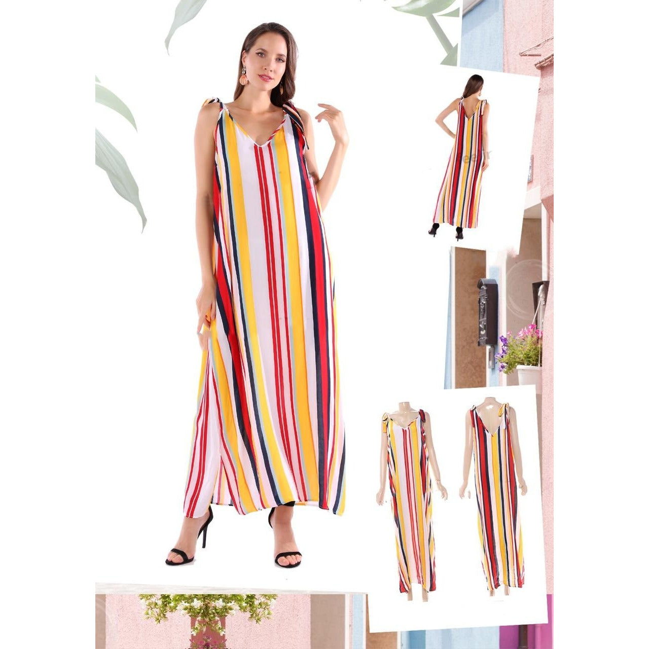 Tied Shoulder Striped Maxi Dress