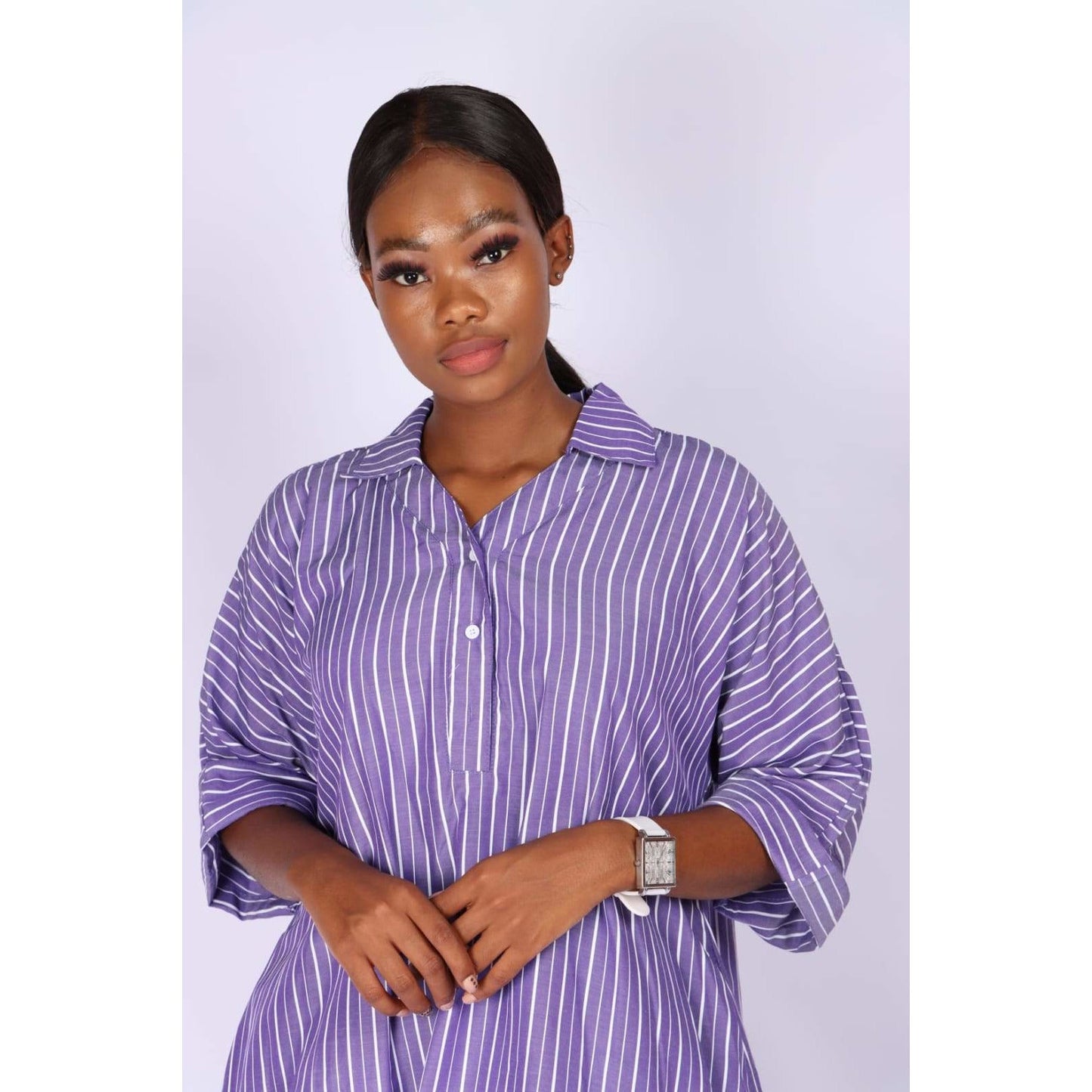 V-Neck Striped Bubble Shirt Dress