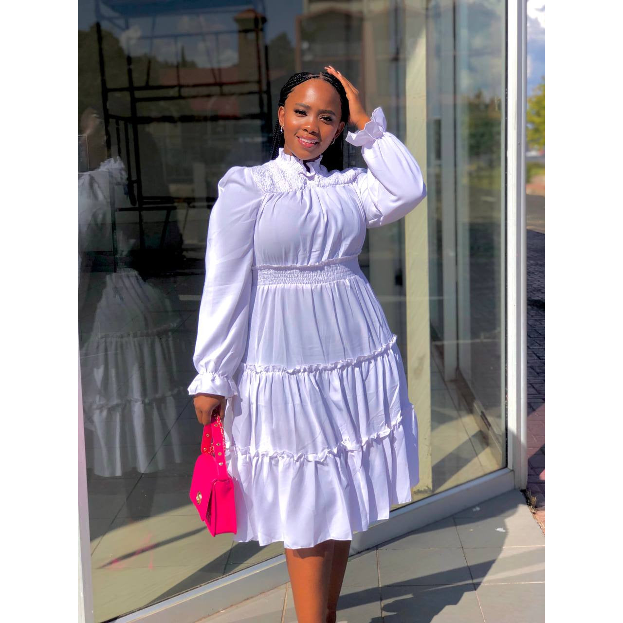 Pleated Long Sleeve Stand Collar Dress