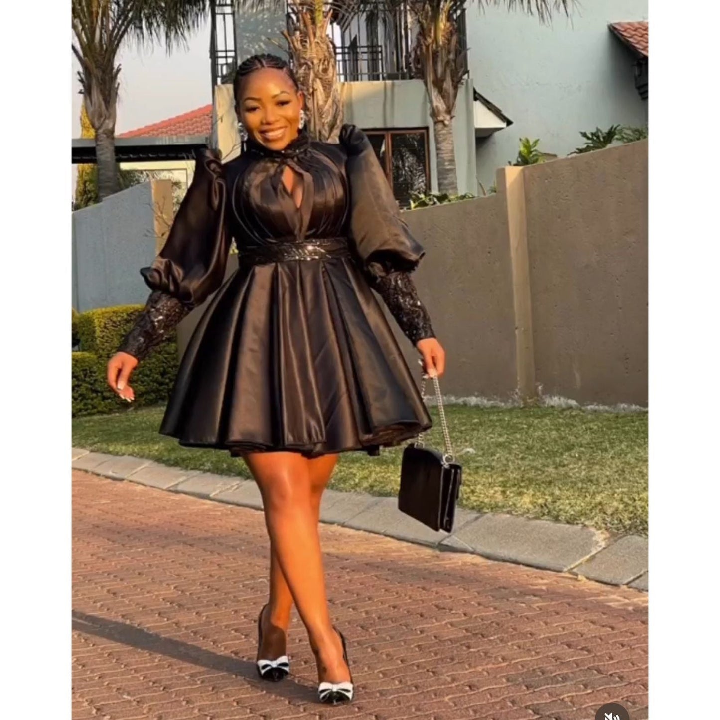 Pleated And Fluffy Sleeves Mini Dress.