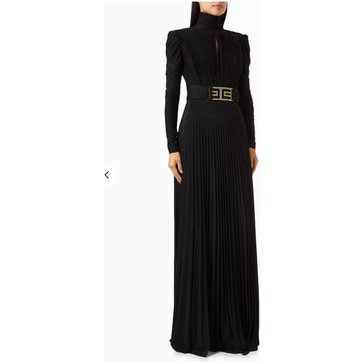 Satin A Line Long Sleeve Pleated High-neck Maxi Dress