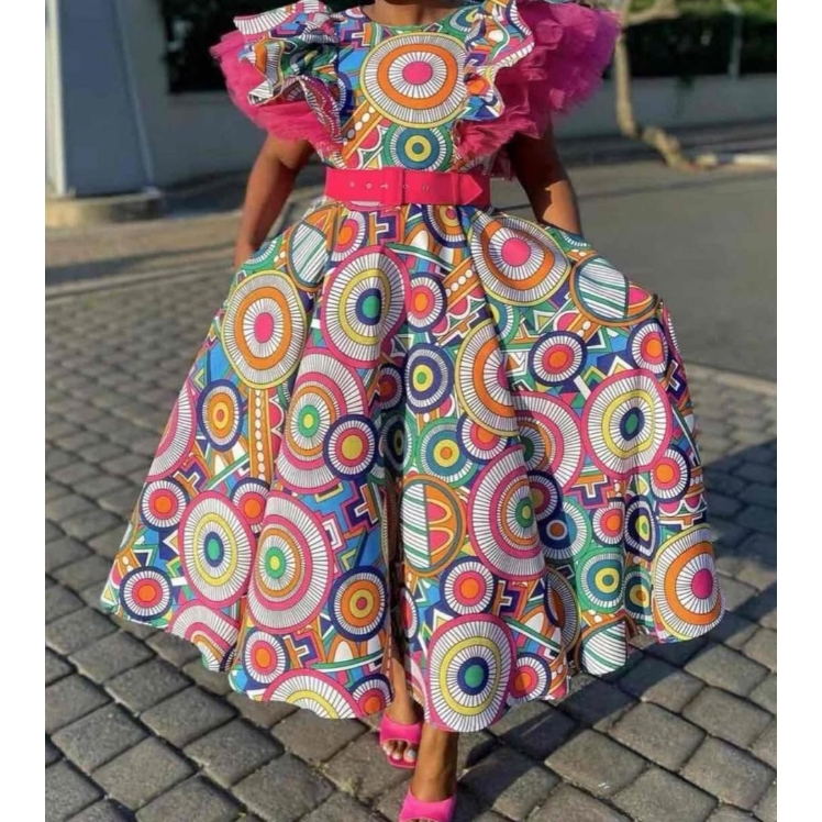 Traditional Lace Shoulder Multi Color African Print Dress