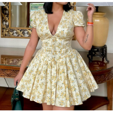 Women's Floral Print V-Neck Waist Fitted Short Sleeve Dress