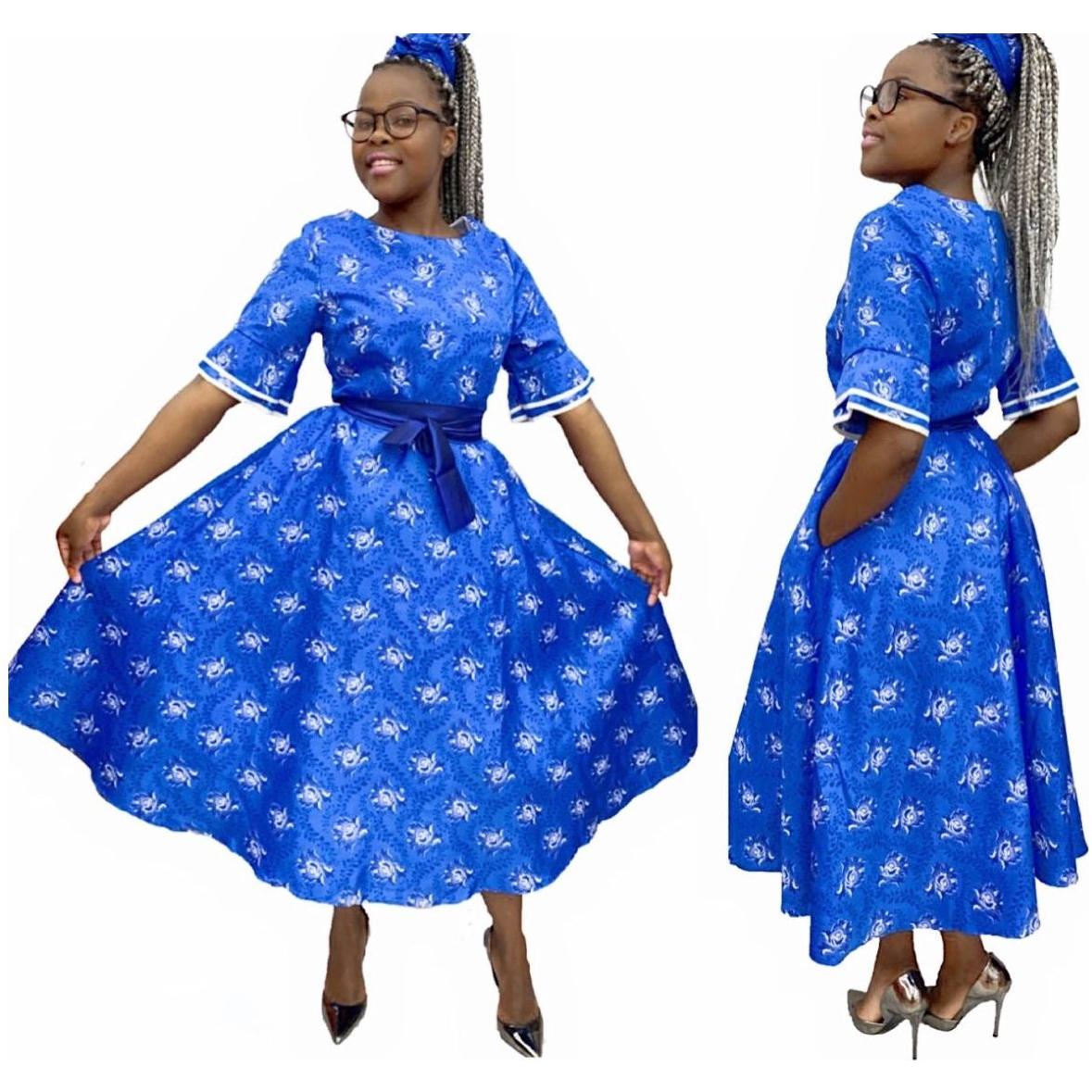 Elegant Flared Shwe-shwe Midi Dress.