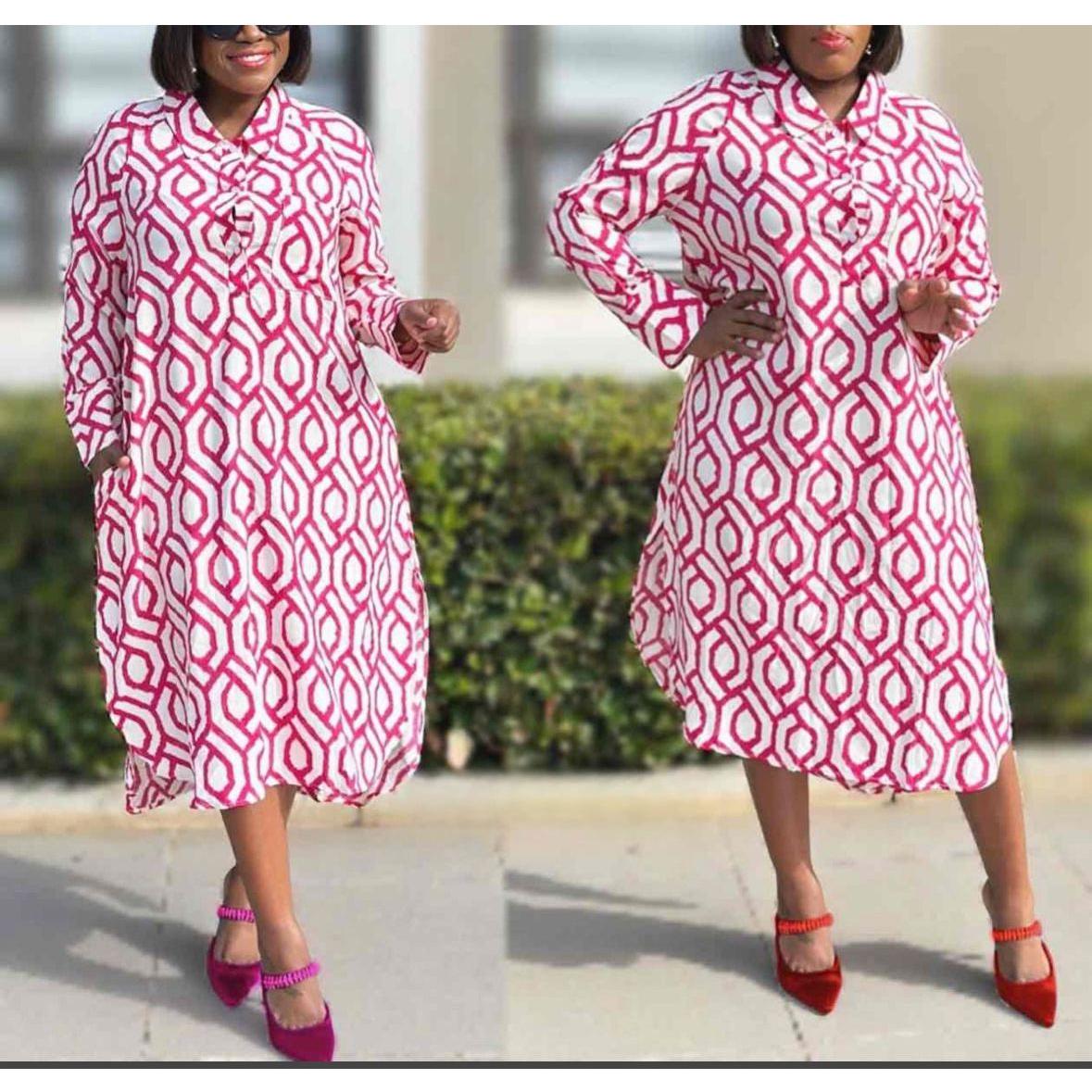 High Neck Long Sleeve Printed Pleated Maxi Dress.
