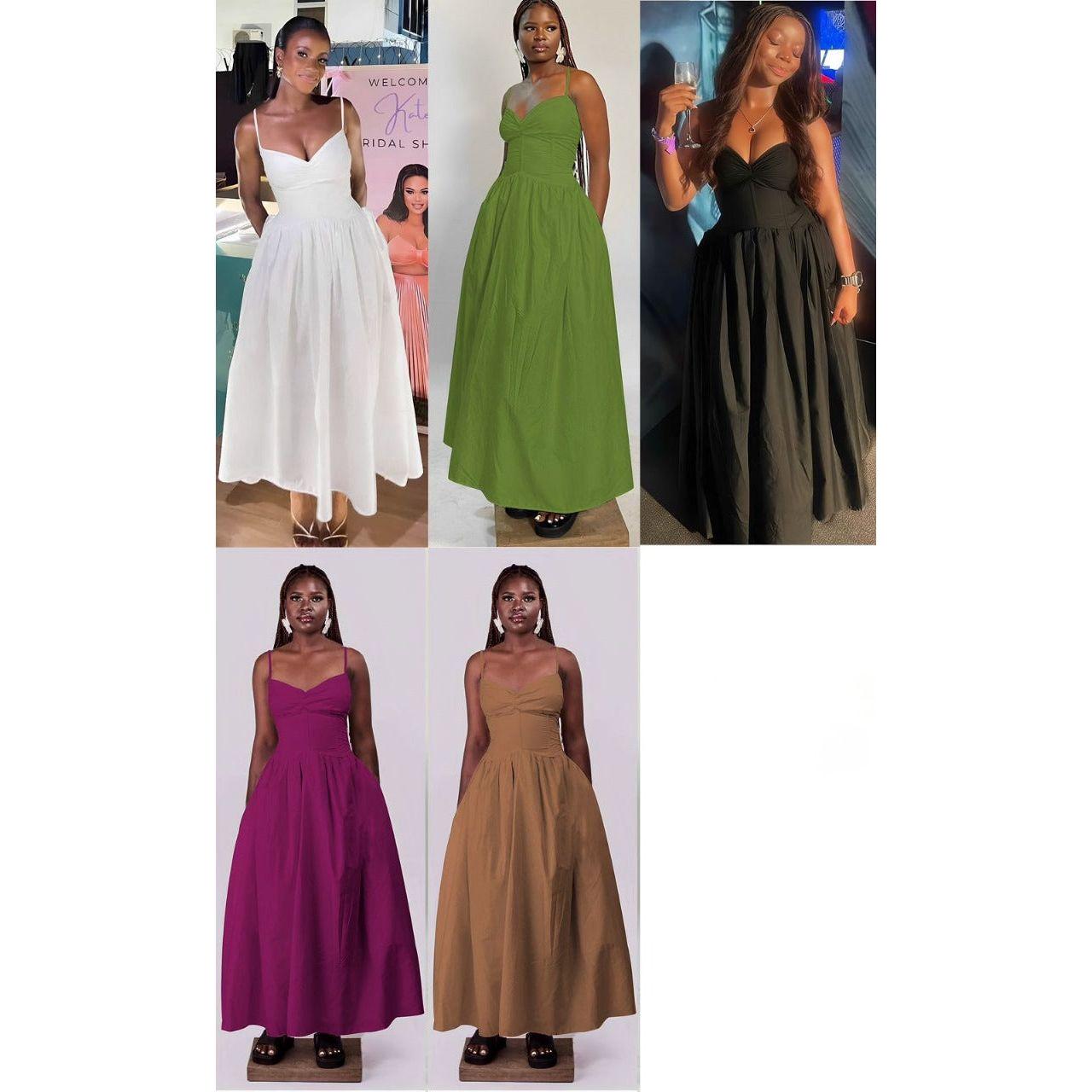 Spaghetti strap Lace Up Pleated Midi Dress.