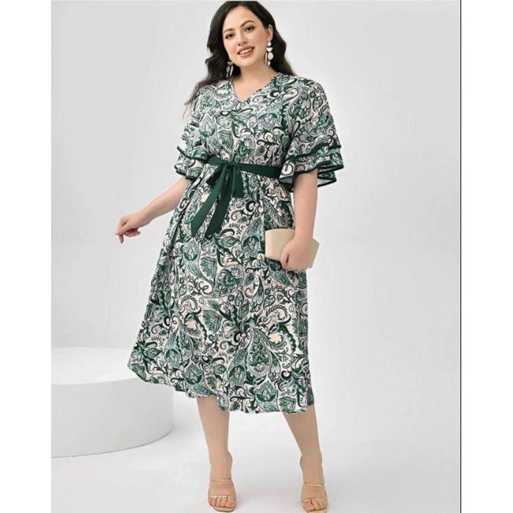 Plus Geo Print Butterfly Sleeve Multi-color Dress