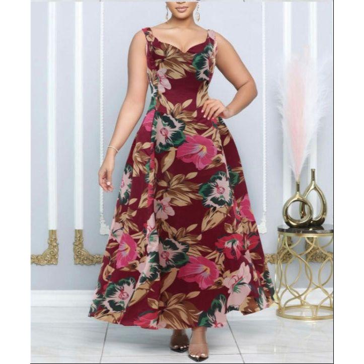 Flower Print Heart Neckline Sleeveless Dress