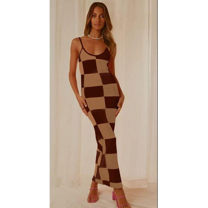 Knit Sleeveless Checkerboard Print Bodycon Maxi Dress