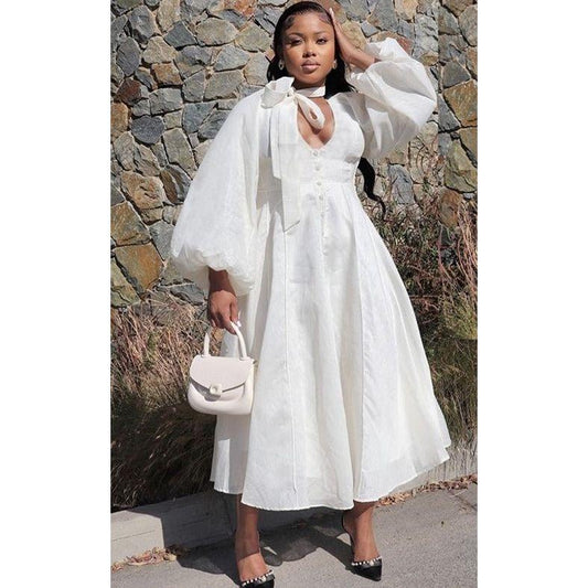 Women's Elegant Solid Color Lantern Sleeve Dress