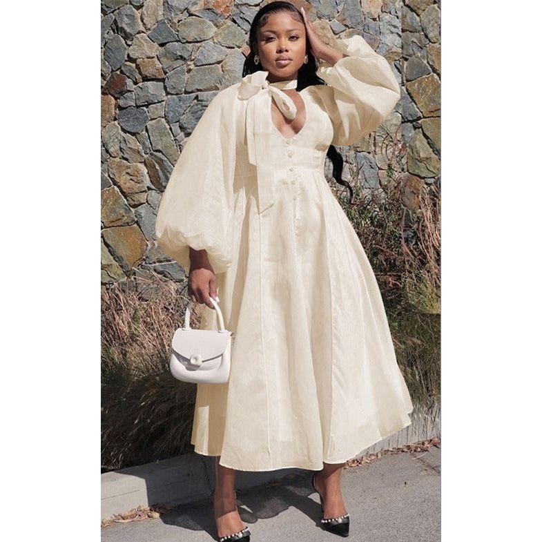 Women's Elegant Solid Color Lantern Sleeve Dress