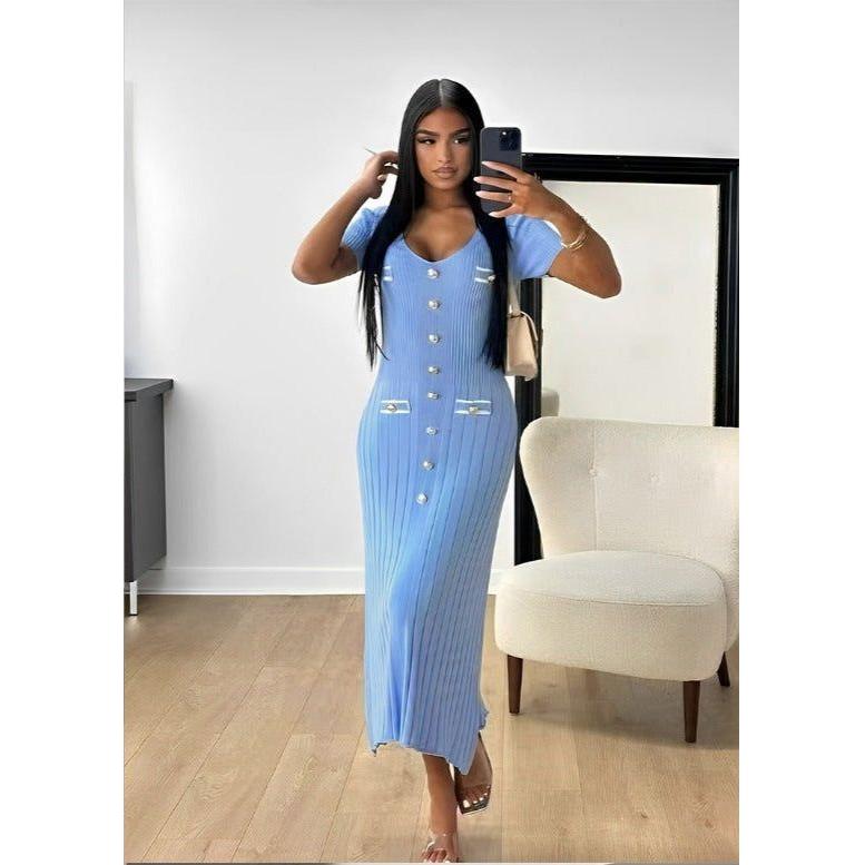 Women's Knit Short Sleeve V-Neck Casual Maxi Dresses