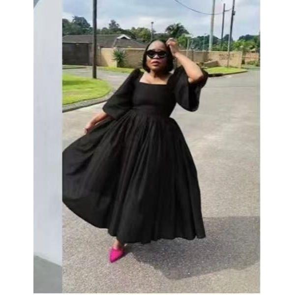 Pleated Square Neck Flared Sleeve Midi Dress