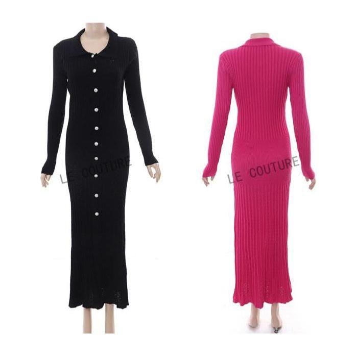 Ribbed Knit Button Front Sweater Dress