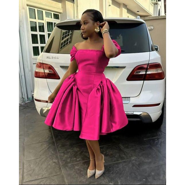 Off Shoulder Silk Pleat Knee Dress