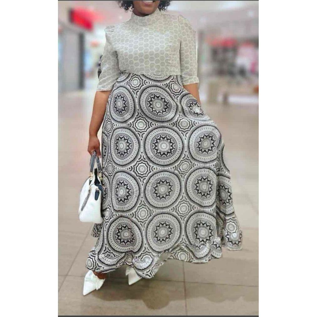 O-Neck Long Sleeve Maxi Ankara Dress.