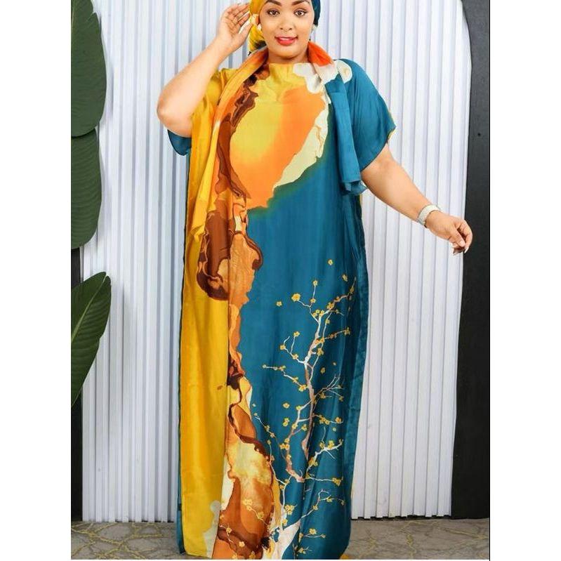 Mix-Color Kaftan African Dashiki Silk Soft Print Loose Dress