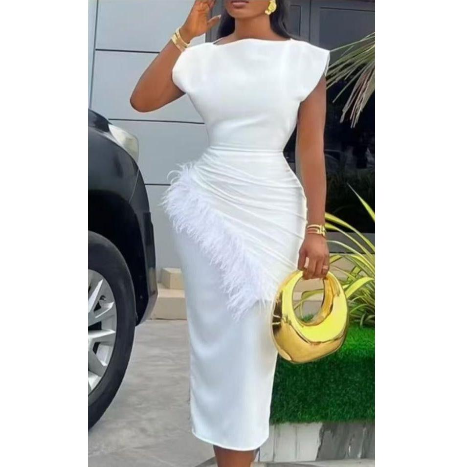 O-Neck Elegant Feather Patchwork Slim Fit Dress