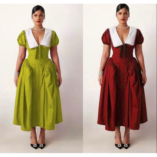 White Collar Puff Sleeve High Waist Maxi Dress