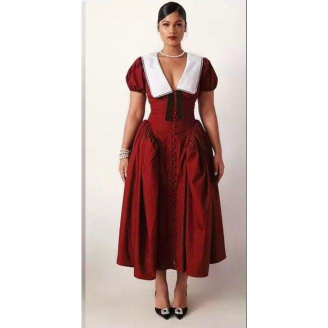 White Collar Puff Sleeve High Waist Maxi Dress