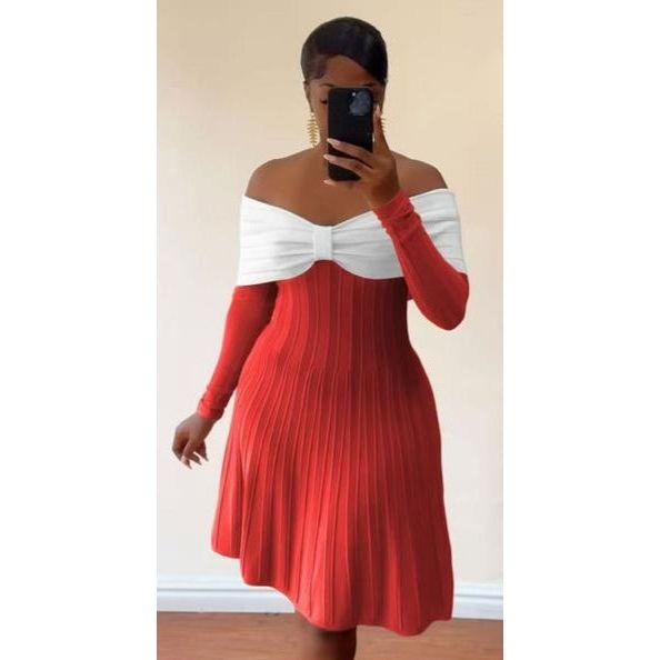 Open Shoulder Knitted Contrast Panel Bodycon Dress