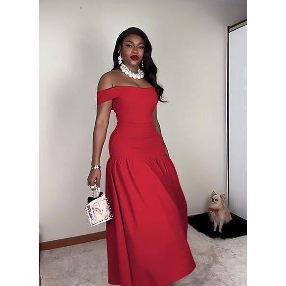 Off-Shoulder Sleeveless Corset Maxi Dress.