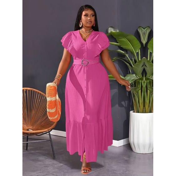 Plus Butterfly Sleeve Ruffle Hem Belted Dress