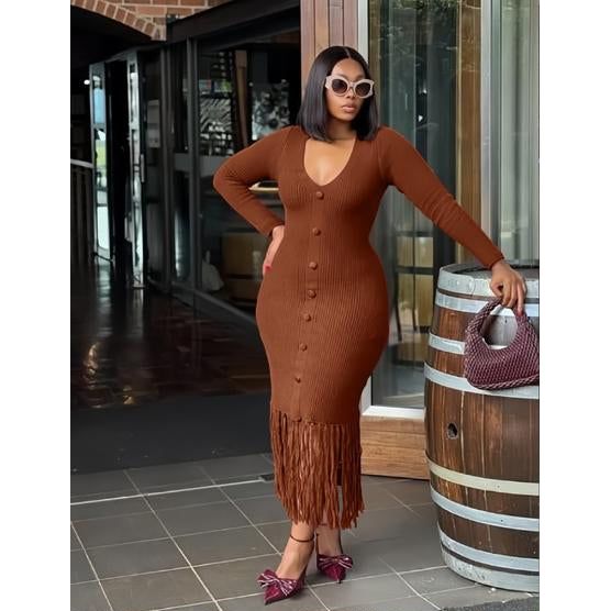 Long Sleeve Bottom Tassel Midi Dress