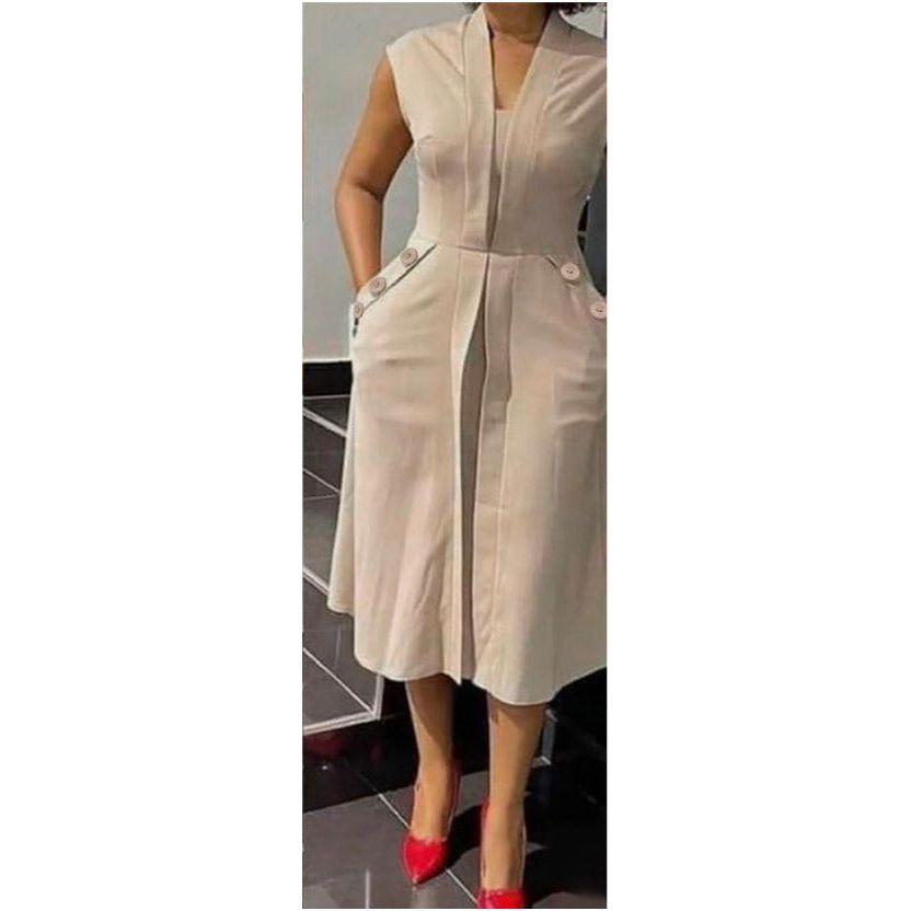 Sleeveless Ruffle Front Trim Button Sexy Midi Dress