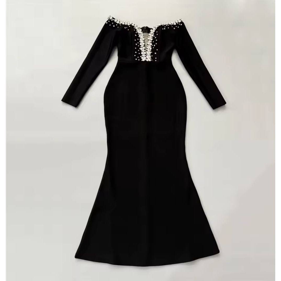 Sexy Diamond V-Neck Sheer Long Sleeve Tight-Fitting Hem Bodycon Dress