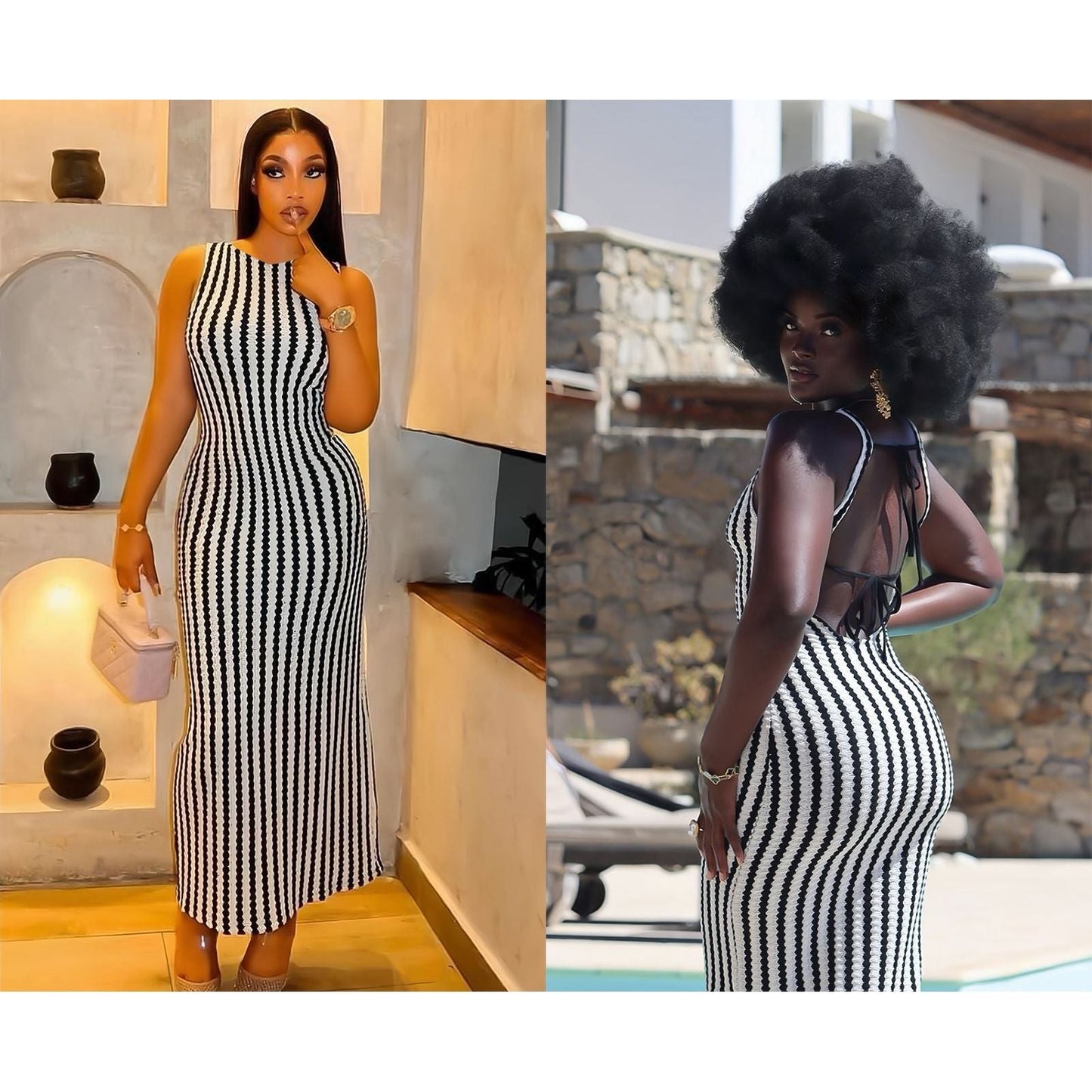 Women's Striped Bodycon Sleeveless Elegant Midi Dress