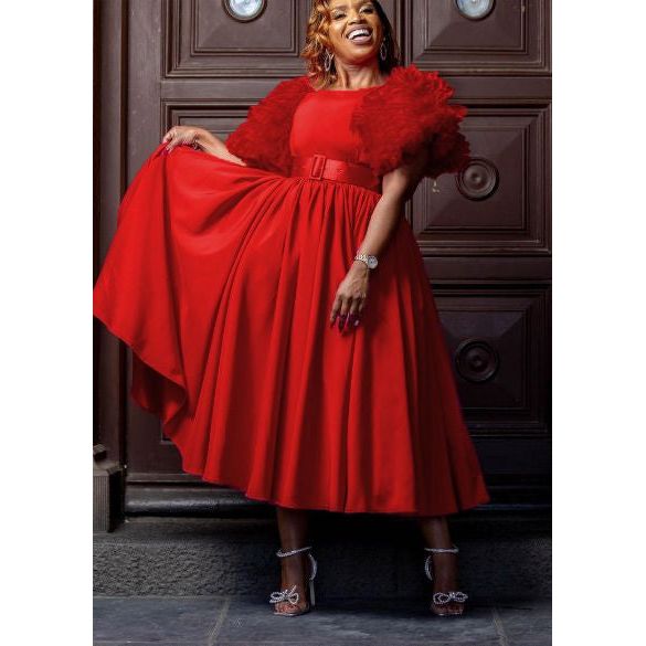 Flare Short Sleeve Round-Neck Belted Midi Dress