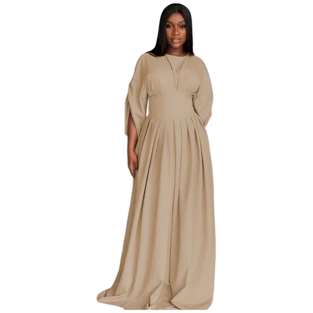 Plain Color Lantern Sleeve Cinched Waist Pleated Long Dress