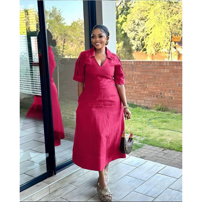 Short Sleeve Formal Collar A-line Midi Dress