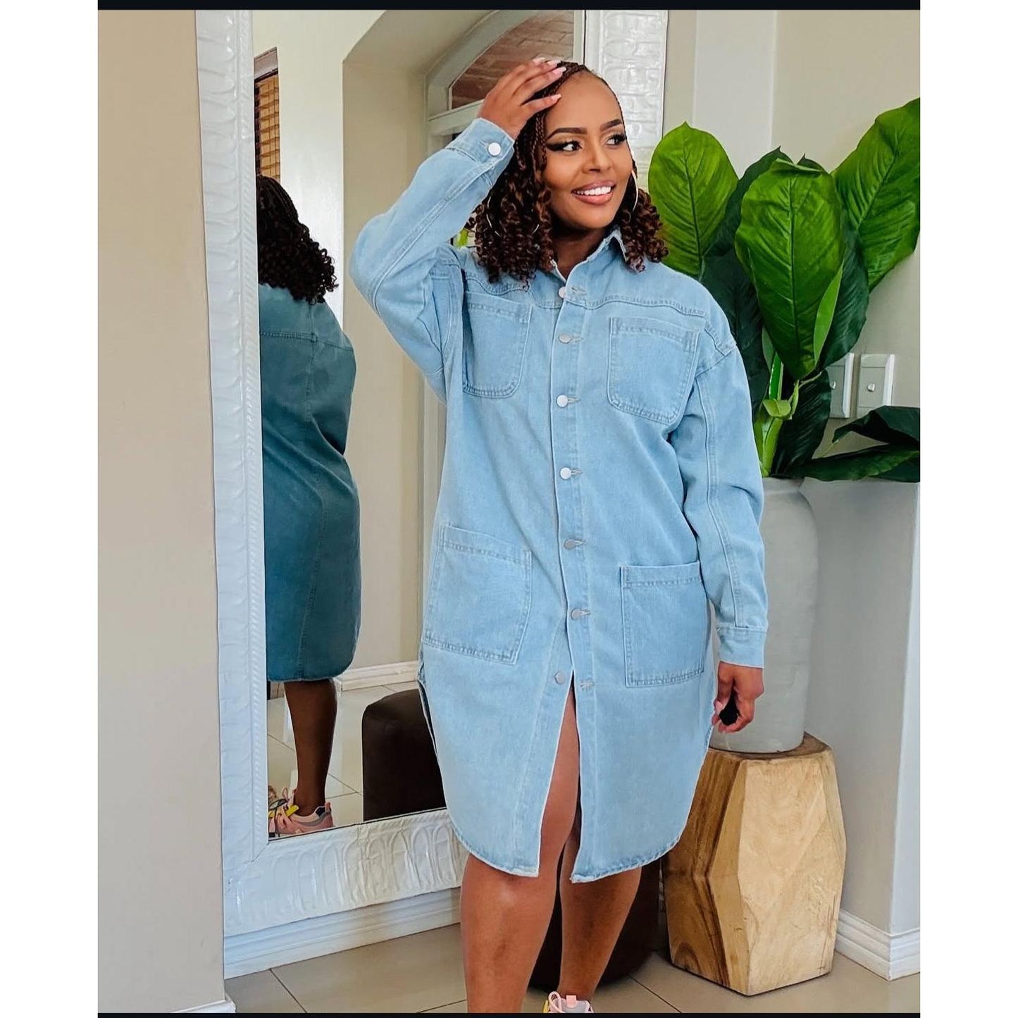 Long Sleeve Cargo Denim Shirt Dress