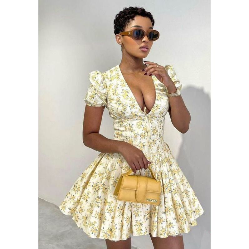 Women's Floral Print V-Neck Waist Fitted Short Sleeve Dress