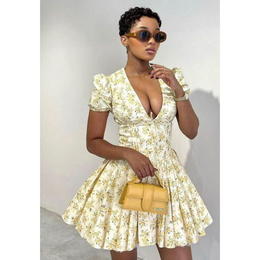 Women's Floral Print V-Neck Waist Fitted Short Sleeve Dress