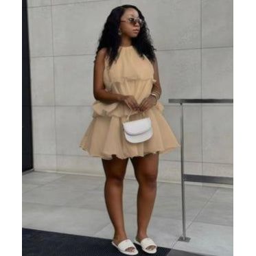 Elegant Romantic Date Backless Layered Hem White Organza Halter Swing Dress