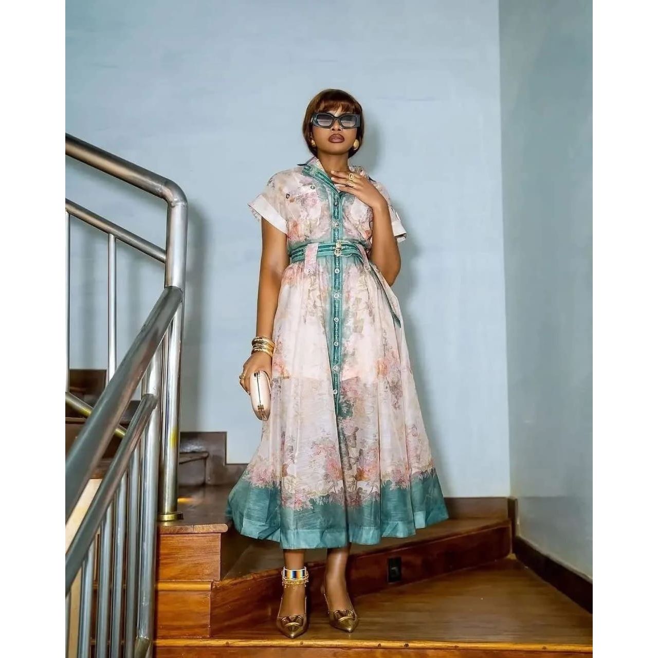 Short Sleeve V-Neck Multi-Color A-Line Maxi Dress