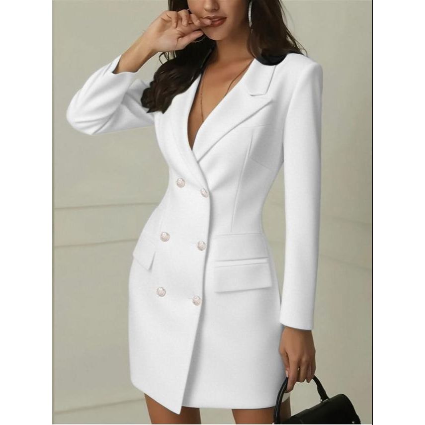 Long Lapel Collar Sleeve Double-Breasted Blazer Dress