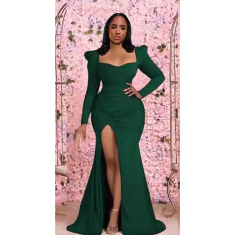 Puff Sleeve Side Draped Split Thigh Mermaid Hem Formal Dress