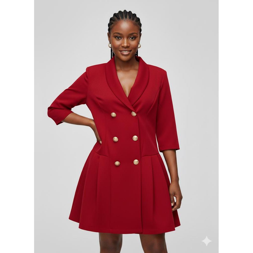 Solid Color Double-Breasted Blazer Dress