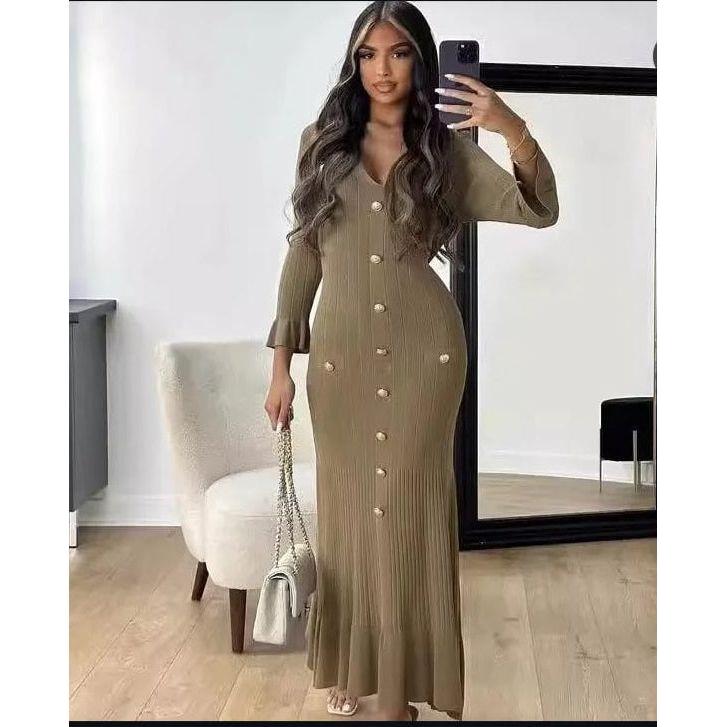 Long Sleeve V-neck Knitted Bodycon Maxi Dress